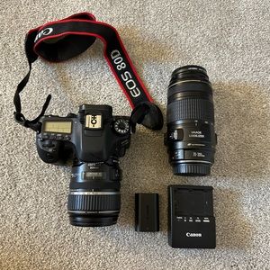 Canon EOS 80D body w/ two lenses, battery/charger, 4 SD cards & padded case.